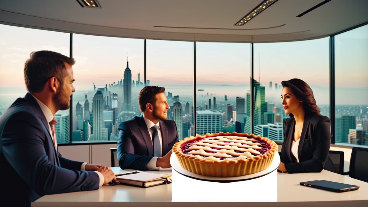  a diverse group of businesspeople analyzing a pie chart representing franchise percentages, surrounded by charts and graphs, in a modern office setting with a large window showcasing a bustling cityscape. hyperrealistic, full body, detailed clothing, highly detailed, cinematic lighting, stunningly beautiful, intricate, sharp focus, f/1. 8, 85mm, (centered image composition), (professionally color graded), ((bright soft diffused light)), volumetric fog, trending on instagram, trending on tumblr, HDR 4K, 8K