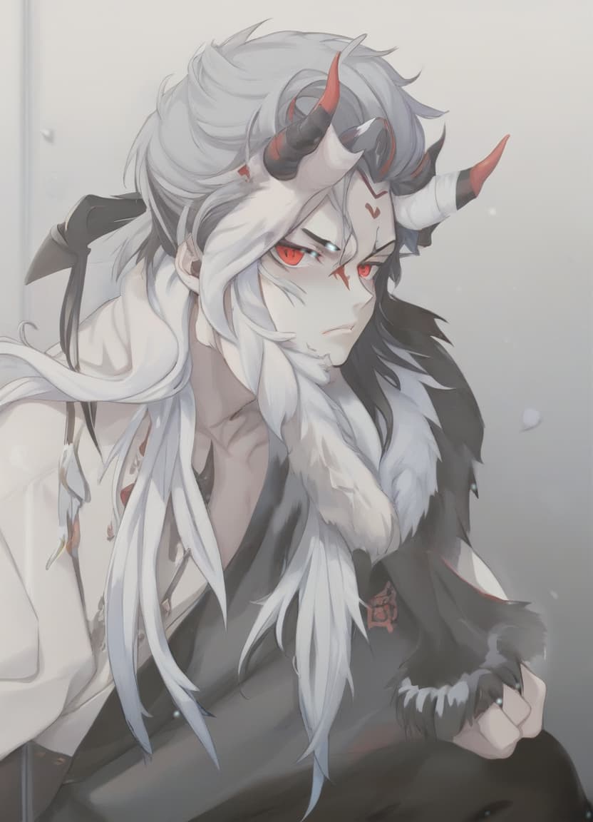  man demon, red horns, red eyes, black long hair, winter clothes, sticker