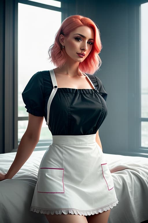  a closeup portrait of a playful maid, undercut hair, apron, amazing body, pronounced feminine feature, extremely well endowed ,on bed, [ash blonde | ginger | pink hair], freckles, flirting with camera hyperrealistic, full body, detailed clothing, highly detailed, cinematic lighting, stunningly beautiful, intricate, sharp focus, f/1. 8, 85mm, (centered image composition), (professionally color graded), ((bright soft diffused light)), volumetric fog, trending on instagram, trending on tumblr, HDR 4K, 8K