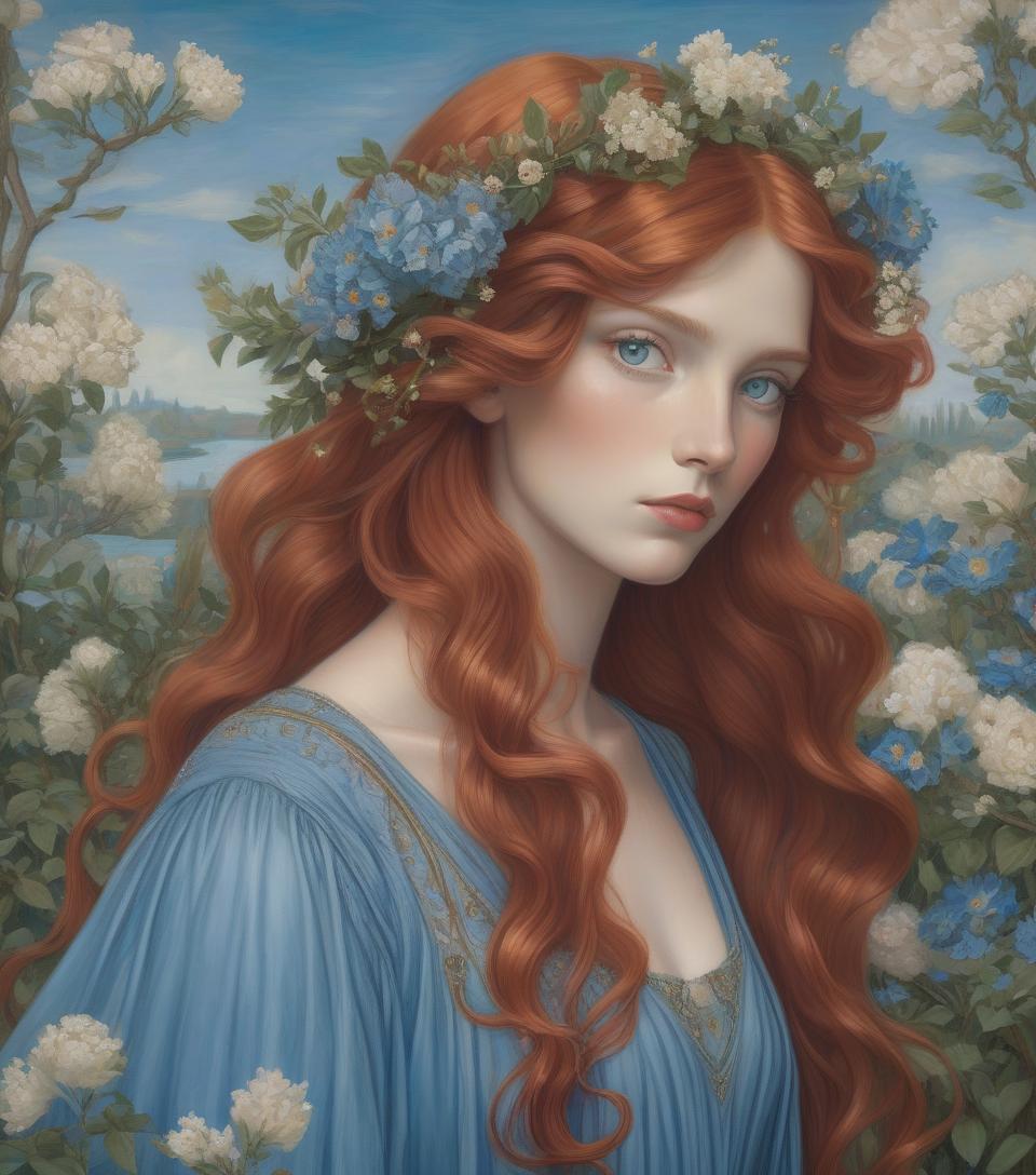  a painting of a woman with flowing red hair, blue attire, and a floral crown standing among blue blossoms. create a portrait of a woman with detailed eyes in the style of the pre raphaelite brotherhood. she has botticelli style wavy, voluminous auburn hair, adorned with small blue flowers. she is dressed in a blue gown with a sheer, diaphanous over dress that flows elegantly, complementing the flowers in her hair. her fair skin, striking green eyes, red cupid's bow lips, and contemplative expression enhance her serene beauty. the pastoral background is romantic and ethereal, with weeping trees, soft hued flowers and clouds, demonstrating a reverence for natural beauty. this artwork blends realism with fantasy, resulting in a captivating and