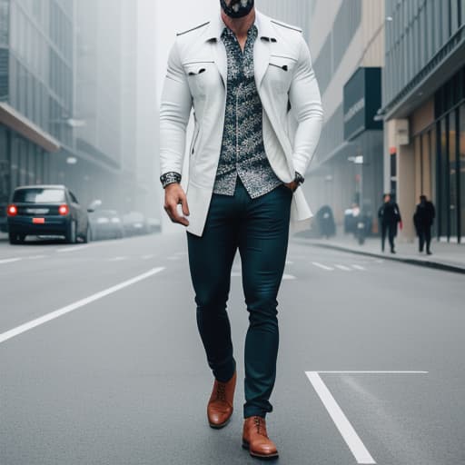  A man who is wearing a white jeans jacket hyperrealistic, full body, detailed clothing, highly detailed, cinematic lighting, stunningly beautiful, intricate, sharp focus, f/1. 8, 85mm, (centered image composition), (professionally color graded), ((bright soft diffused light)), volumetric fog, trending on instagram, trending on tumblr, HDR 4K, 8K