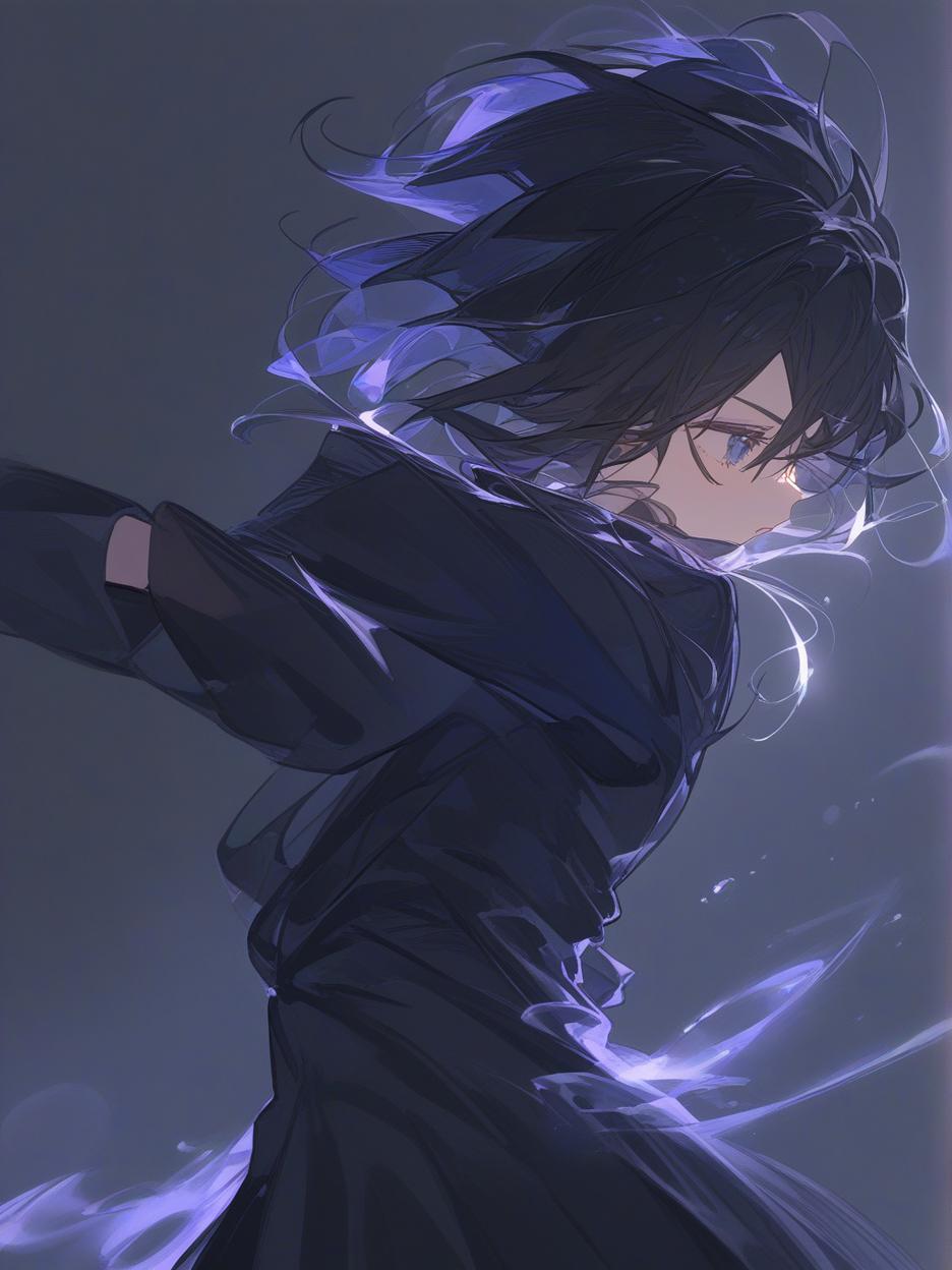  a woman with large sharp teeth. shark teeth. light blue eyes. it has long black hair that flows freely, giving it a mysterious and imposing air. he wears a long black coat with wavy edges, which appear to be in constant motion, adding a sense of dynamism to his appearance. the coat is open at the front, revealing a fitted black outfit underneath, which highlights her slender and athletic figure. her pose is confident and slightly dynamic, with one hand extended outwards, as if reaching for something or making a meaningful gesture. the background is a solid black, with an aura like circle framing the character's head, enhancing his silhouette and giving him an almost otherworldly look. hyper realistic atmospheres, detail, 8k . best quality, 