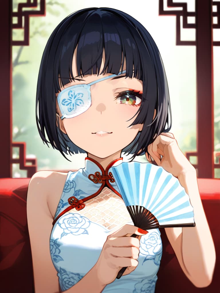  ultra detailed:1.2,masterpiece:1.2,best quality,masterpiece,bestquality,hdr:1.1,8k:1.1,very cute girl:1.3,(black hair,bob cut,long hair,blunt bangs:1.4),((white china dress,japonica pattern:1.5)),(chinaese makeup:1.6),((redrose object eyepatch:1.6))(seductive smile:1.3),(sitting couch:1.3)((cross legs:1.3)),(head rest:1.3),(holding open handfan:1.7)(upper body,face focus:1.4)