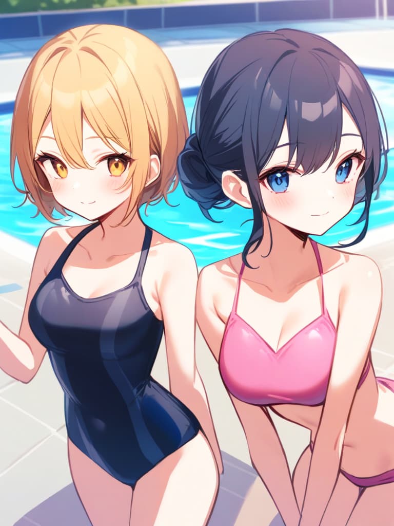  s, s, transveses, short stages, old swimwear (dark blue old ), clear (), (in swimwear), cute smile face, short hair, pool, pool,