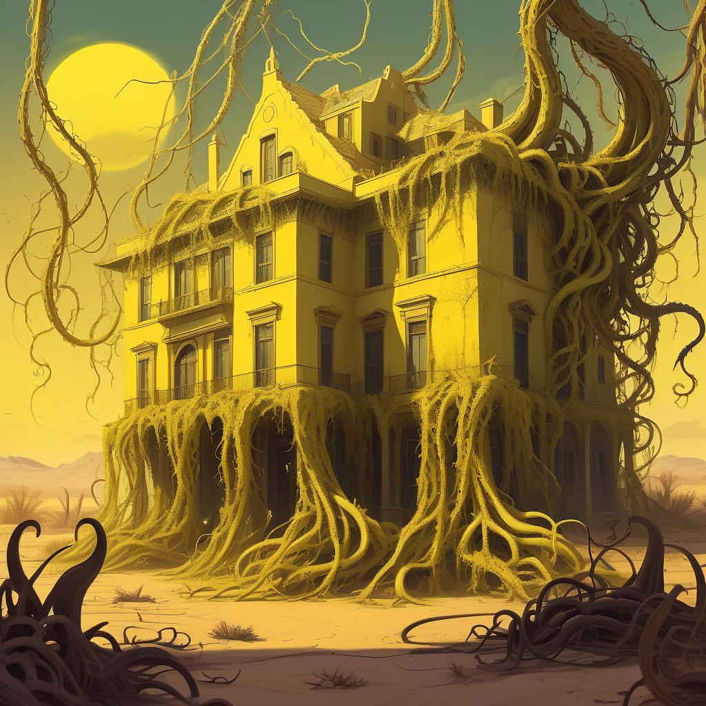  lovecraftian horror the house is ancient greek. the house is wrapped in thick vines of swamp color. yellow sky. desert . eldritch, cosmic horror, unknown, mysterious, surreal, highly detailed