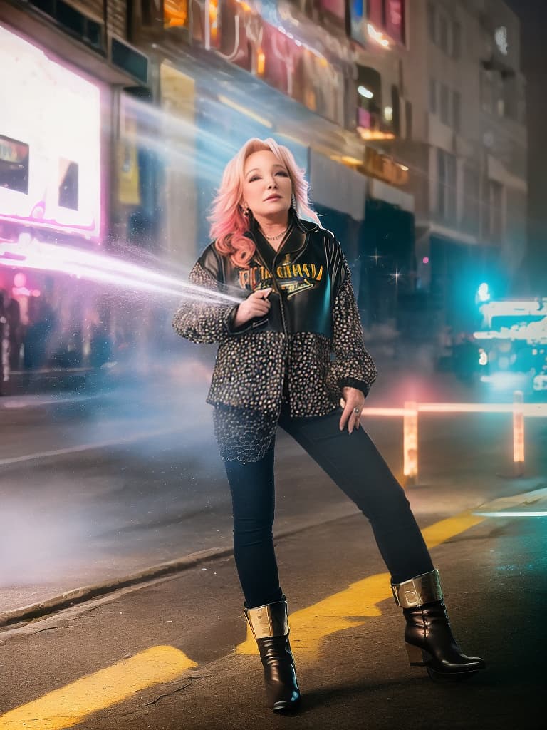  A younger country singer Tanya Tucker, medium shot, upper body, spotlight, long exposure lighting, street art style spray paint, glamour lighting