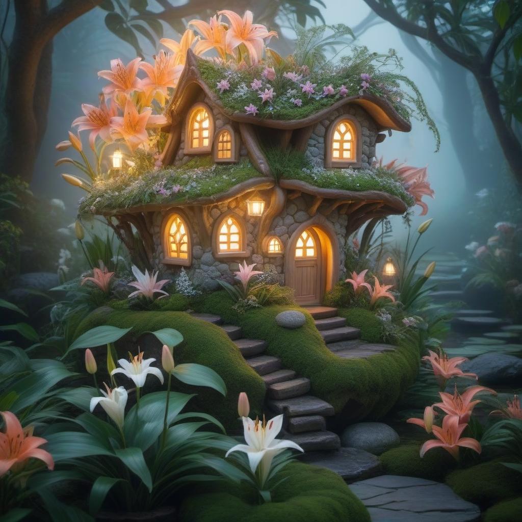  A wonderful fairy house with a thicket of lilies hyperrealistic, full body, detailed clothing, highly detailed, cinematic lighting, stunningly beautiful, intricate, sharp focus, f/1. 8, 85mm, (centered image composition), (professionally color graded), ((bright soft diffused light)), volumetric fog, trending on instagram, trending on tumblr, HDR 4K, 8K