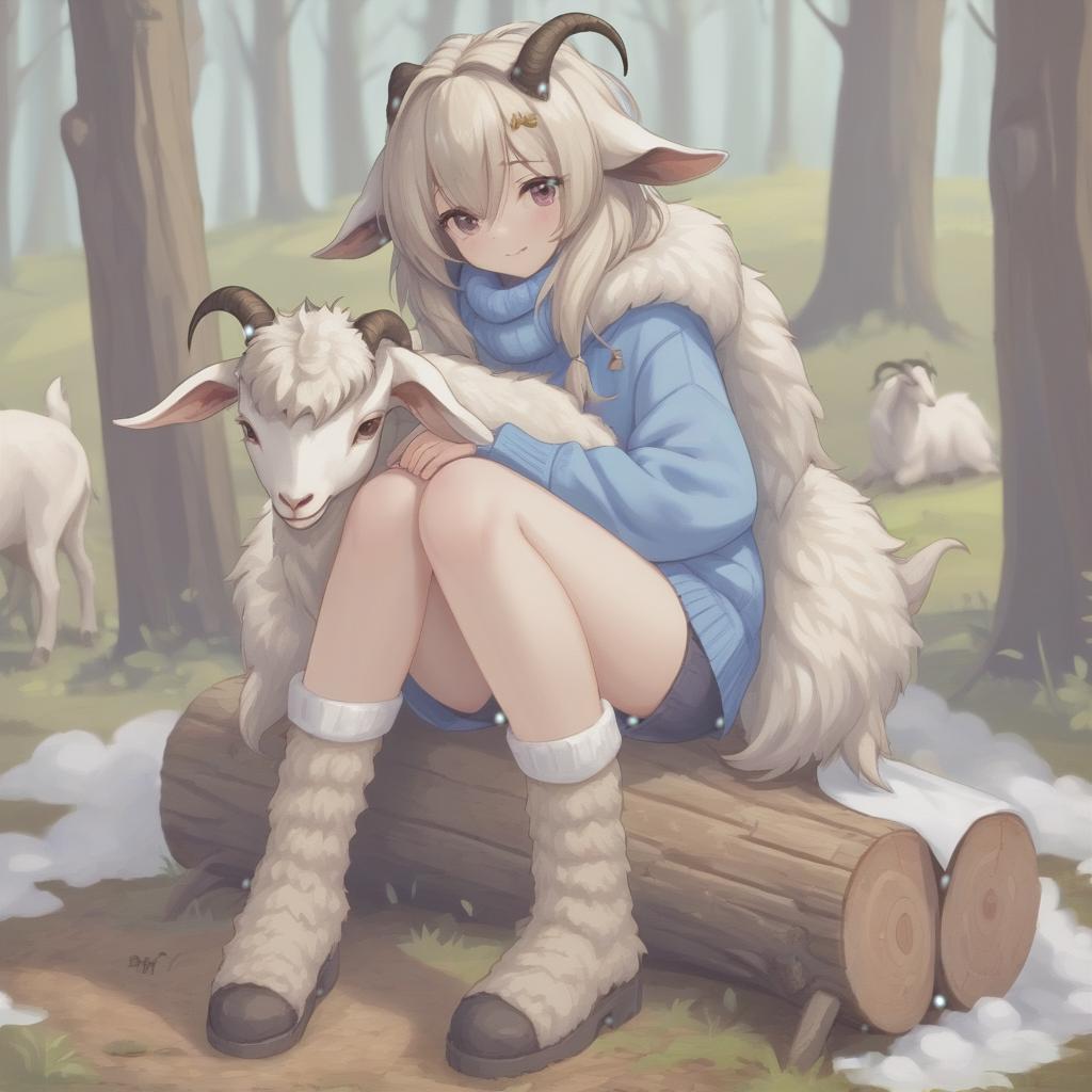  the girl, her legs are goats, covered with wool hooves, sitting on a stump