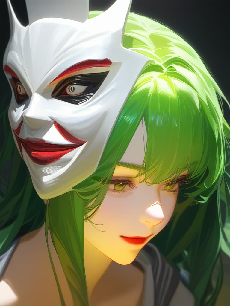  portrait view of a anime women,full white militar uniform hat,half face,joker mask,women face,photorealistic anime style,giger style,pop art tendencies,strong facial expression,(((green hair))),professional illustration,bold colors,chiaroscuro,beautiful shades,intense close ups,bright and glossy surface textures,octane render,zbrush ar 1:1 s 750