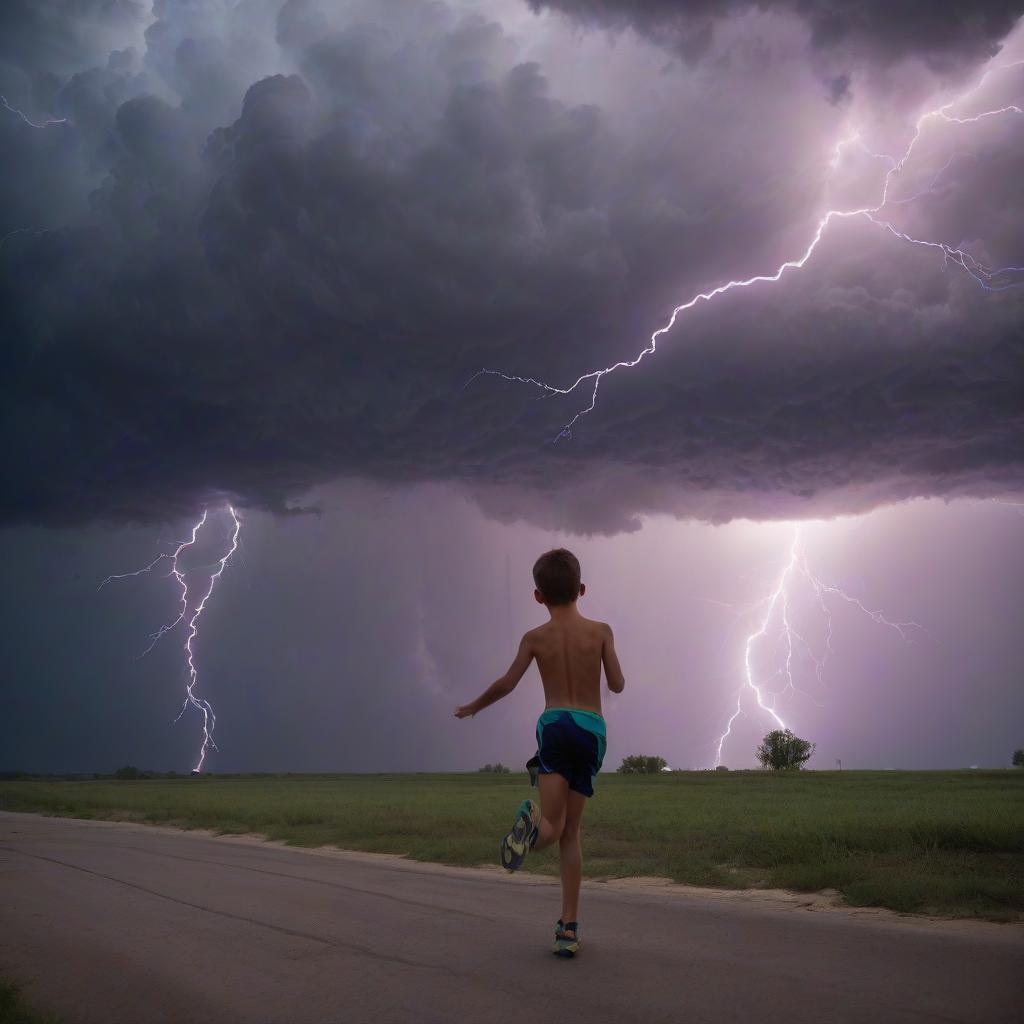  lightning bolts pierce through the boys running from the storm.