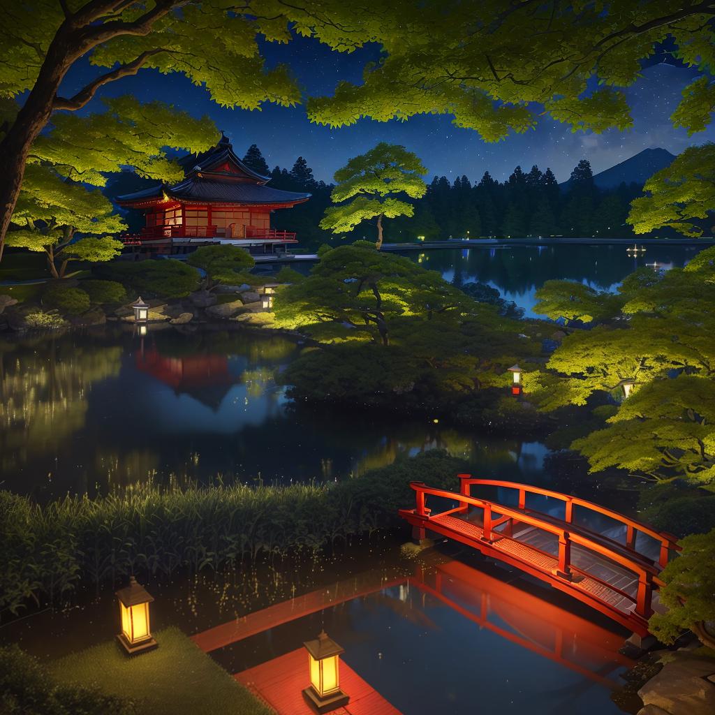  masterpiece, best quality, (Fidelity: 1.4), Best Quality, Masterpiece, Ultra High Resolution, 8k resolution, A night view inspired by Japanese art, featuring a garden illuminated by paper lanterns and a wooden bridge spanning a tranquil lake, by the lakeside, there is a small Zen temple. The water reflects the starry sky.