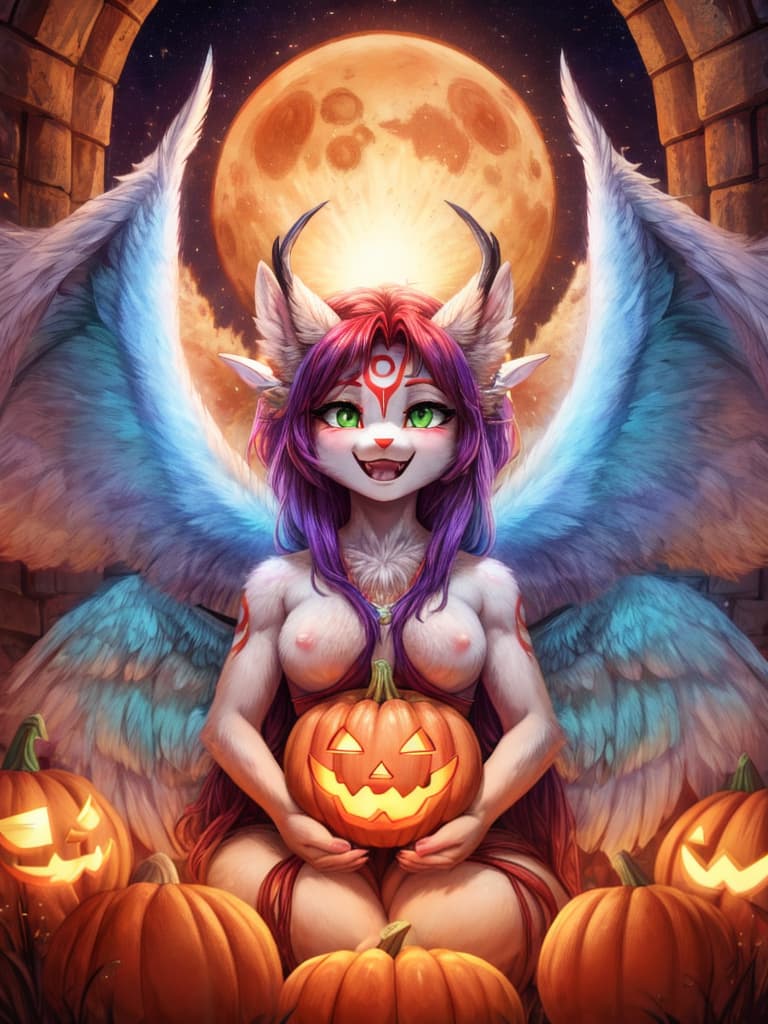  an enchanted halloween pumpkin, amaterasu, hiraishin no jutsu (flying thunder god technique), golden rule, pleiadian with large angel wings, godseed, smiling female showing vampire teeth, high cheekbones, green eyes made of light, chakras made of light, red skywalker, green central castle of enchantment, blue lunar storm made of light, yellow electric seed made of light, red resonant dragon, white mirror made of light, blue monkey made of light, sun made of light in 13 gemini 1' 13", moon made of light in 5 virgo 52'31", ascendant sign 21 sagittarius 32', mercury made of light in 6 cancer 26'31, venus made of light in 21 taurus 24'44", mars made of light in 9 cancer 5'56", jupiter made of light in 21 aries 4'16", saturn made of light in 18 