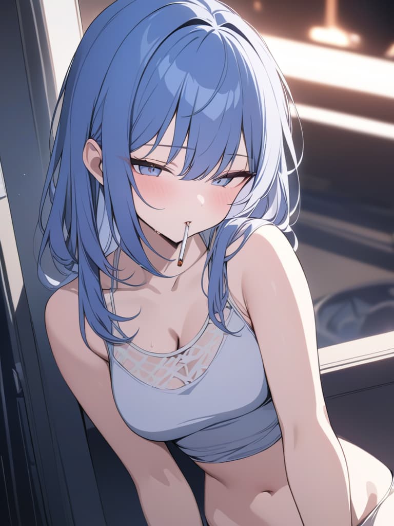  light blue hair, light blue, insecure, smoking cigarettes, bob hair, night, masterpiece, best quality,8k,ultra detailed,high resolution,an extremely delicate and beautiful,hyper detail