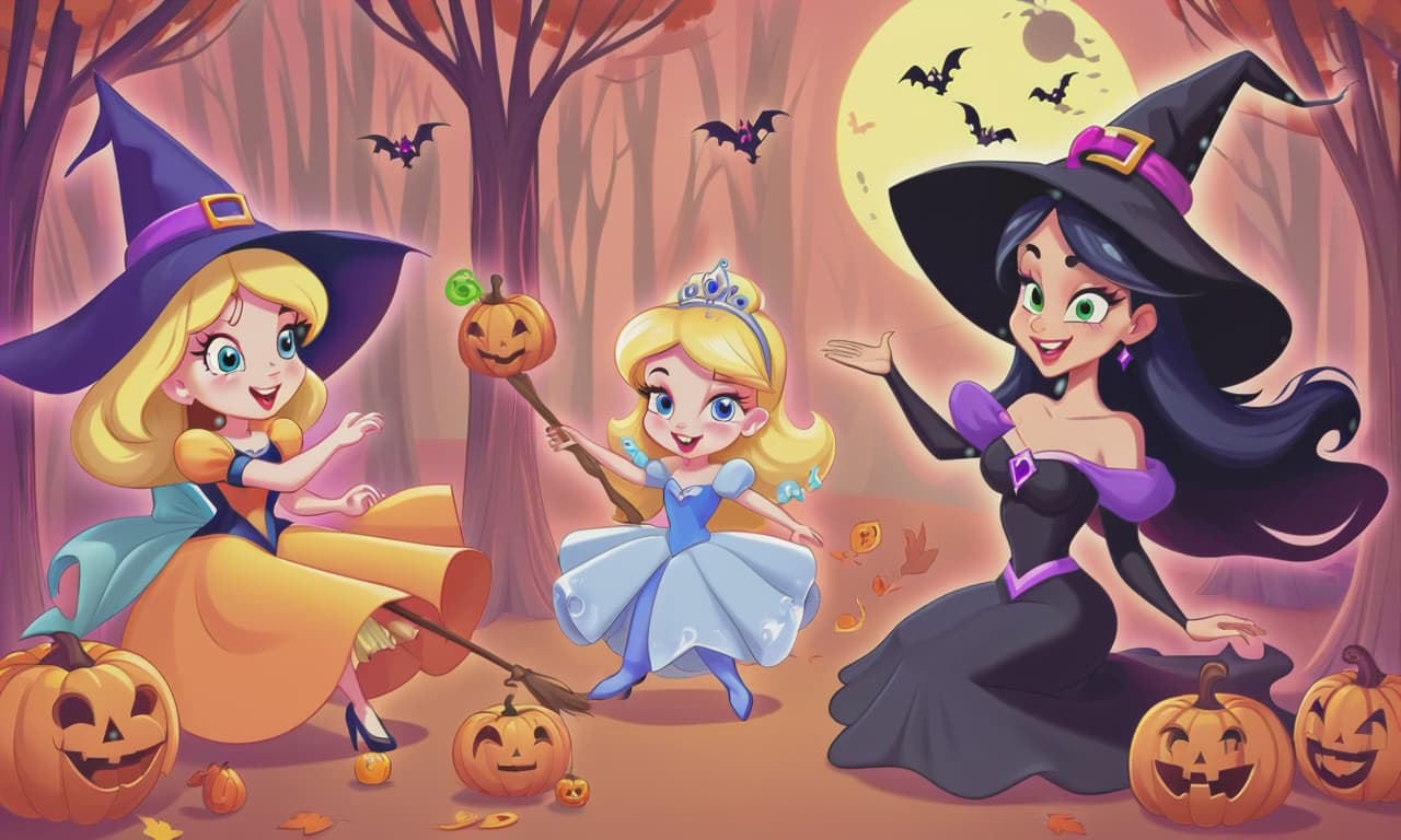  cartoon princesses playing with witches