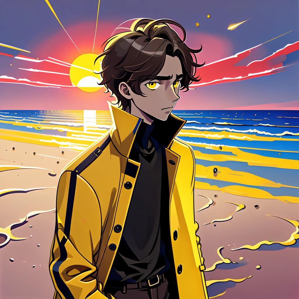  constructivist style a young man stands alone on the beach. he has long dark brown hair, which flies slightly in the breeze. his face, with pronounced jewish and slavic features, radiates lively energy. brown eyes are full of deep emotions, as if reflecting the vast expanses of the ocean. he wears a bright yellow coat that seems to shine, catching the eye and contrasting with the soft shades of the sunset. under his coat he wears a black shirt and black pants are decorated with yellow elements, creating a stylish and dynamic look. the sunset with the night sky with bright blue, blue and yellow stars, and the outgoing red sun rays fall on the terrain in bright red stripes contrasting with the oncoming night. the image uses such colors and sh