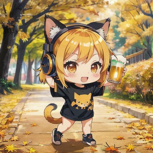  master piece , best quality,chibi chara holding beer in one hand background autumn cat ear headphones t shirt cute singing short blonde hair