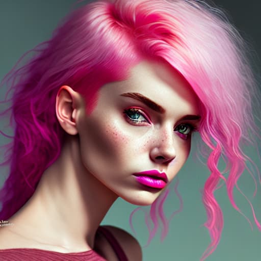  --Style Photoralism, a close up of a woman with pink hair and a red top, short pink hair, cute with short pink hair, huge curly pink hair, curly pink hair, pink short hair, huge pink hair, pink hair, breathtaking ilya kuvshinov, yael shelbia, cgsociety portrait, rose hair, kawaii realistic portrait, hyperrealistic , with pink hair