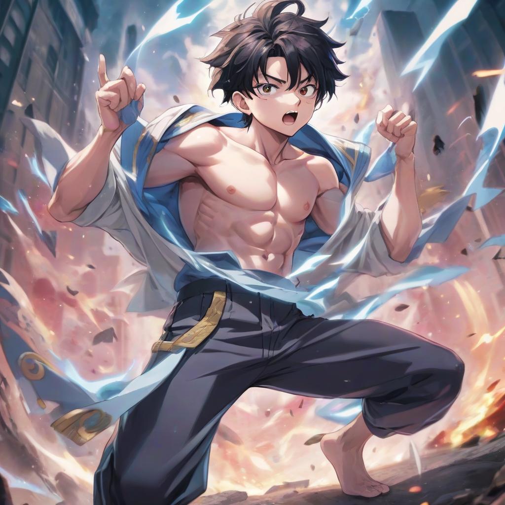  anime artwork gojo satoru from a magical battle with a bare torso in one of his pants poses, turning his head not much to the side . anime style, key visual, vibrant, studio anime, highly detailed