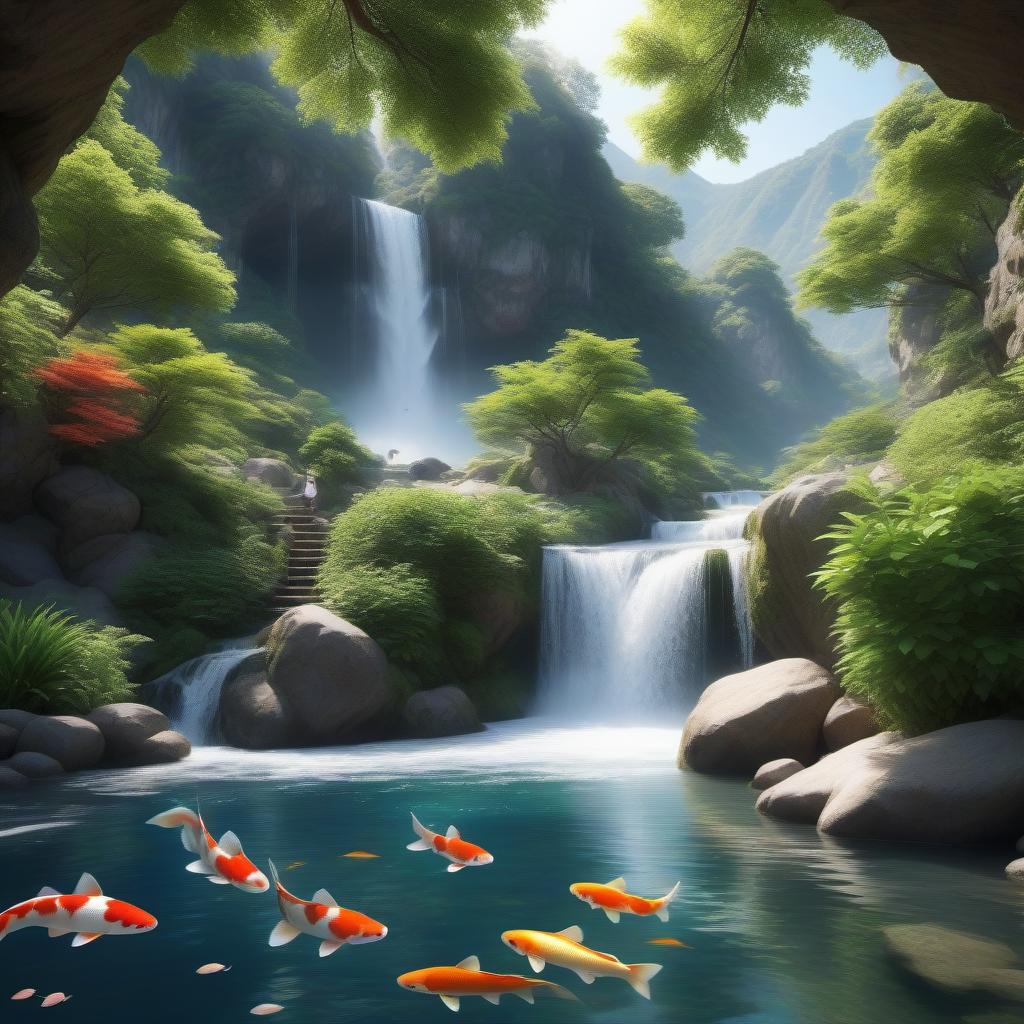  professional photo, aesthetically pleasing, mountains, waterfall, lake, cave, koi carp, lots of greenery, 1000k, ultra realistic, bright, beautiful, realistic, high detail, soft lighting, hyperrealism , high resolution