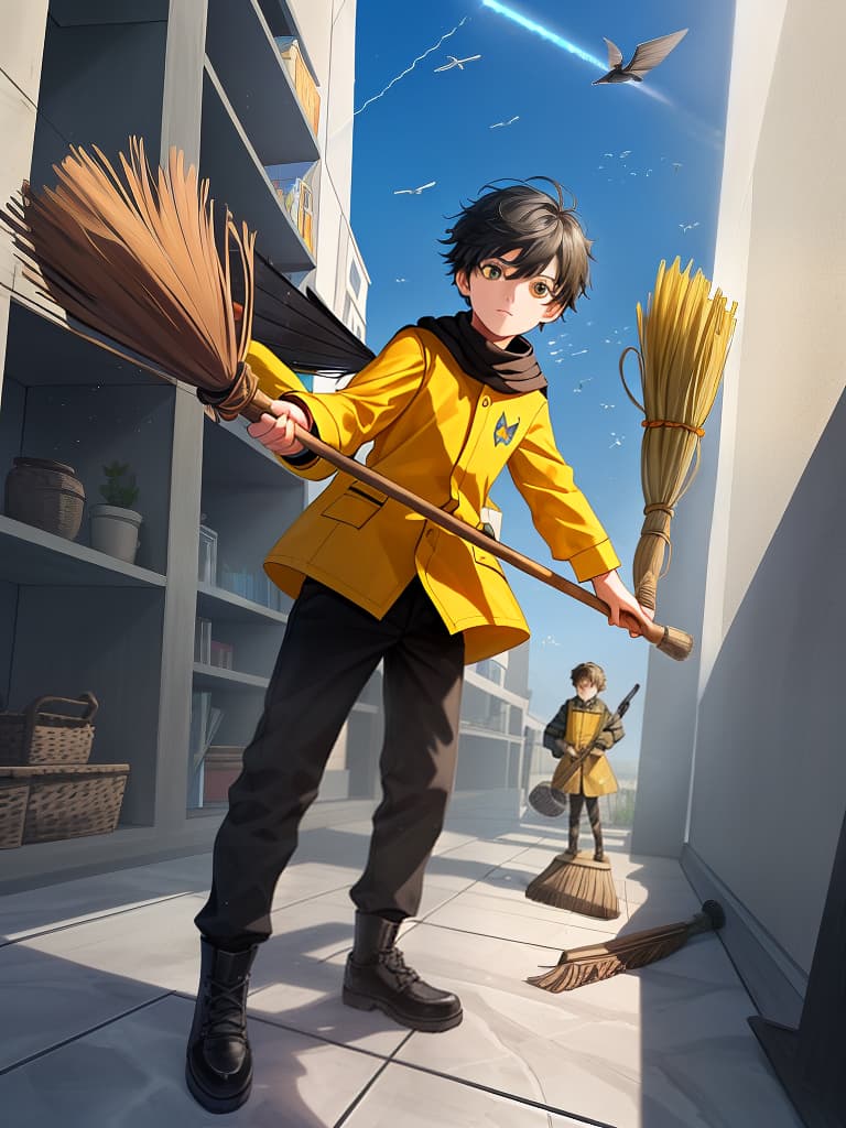  one boy, ((fly in the sky with a broom)), ((broom))), (((standing on a broom))))