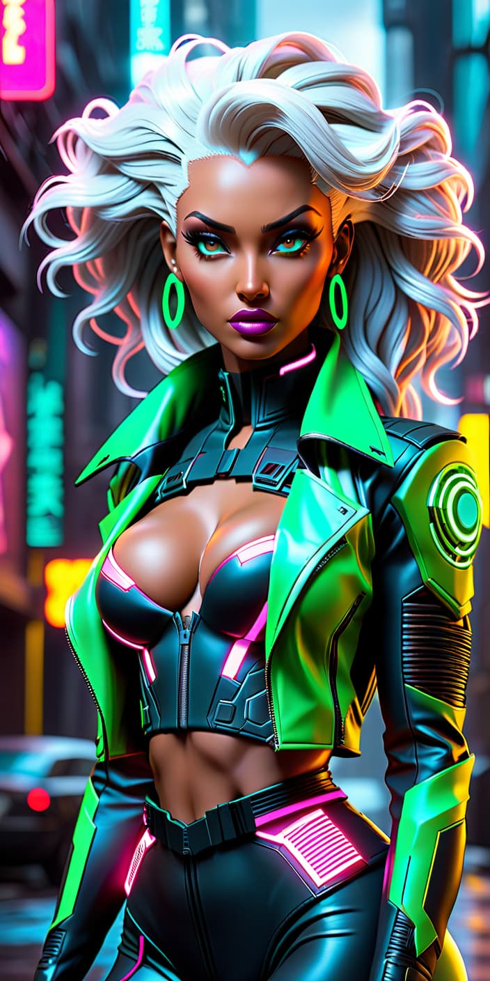  cyberpunk game style storm x men, , cartoon, . neon, dystopian, futuristic, digital, vint, detailed, high contrast, reminiscent of cyberpunk genre video games hyperrealistic, full body, detailed clothing, highly detailed, cinematic lighting, stunningly beautiful, intricate, sharp focus, f/1. 8, 85mm, (centered image composition), (professionally color graded), ((bright soft diffused light)), volumetric fog, trending on instagram, trending on tumblr, HDR 4K, 8K