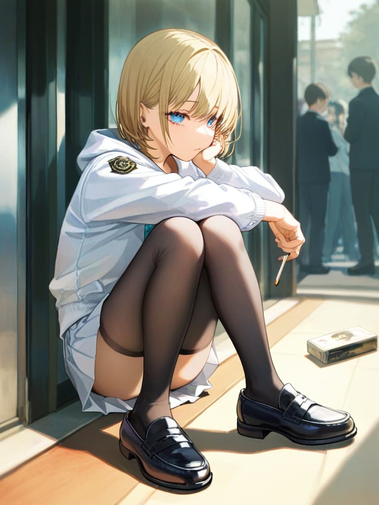  s wearing black tights, headphones, black loafers, whole body, blue eyes , blonde bob cut , white pleated , white sailor suit, tobacco, to cigarettes, purple on the left . a with a rose tattoo, a smoking cigarettes, a spider web on the left arm, masterpiece, best quality,8k,ultra detailed,high resolution,an extremely delicate and beautiful,hyper detail