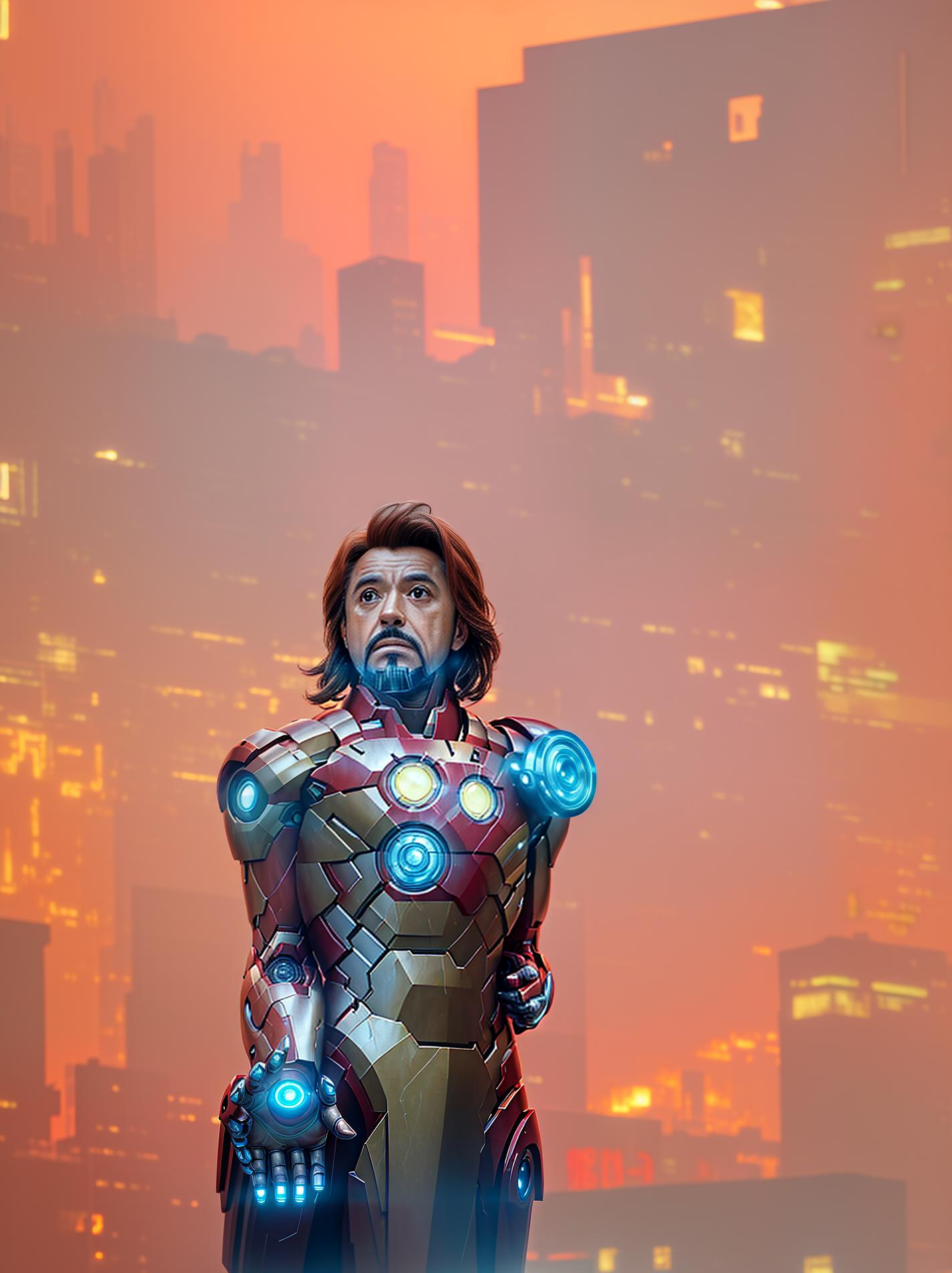  masterpiece, best quality, best quality, masterpiece, 8k resolution, realistic, highly detailed, close up of iron man. in a cyberpunk style night scene of the city, he stands on a street lined with tall buildings. the city's night lights are bright, the surrounding buildings and streets are filled with cyberpunk elements such as neon lights, high tech devices, and futuristic architectural designs.