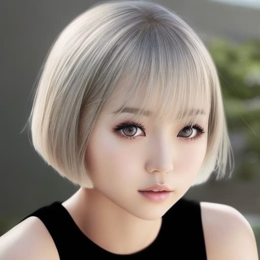  cute japanese girl face, cute short hair, light blonde and silver bob cut hairstyle, black sleeveless top, delicate makeup, cool style, natural lighting, photo realistic in the style of realistic.