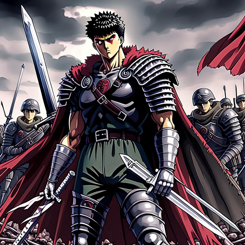  a character named guts from the anime berserk stands on the battlefield with soldiers. he has a metal prosthesis instead of his left hand, in his right hand he holds a large two meter sword placing it on his shoulder, his right eye is covered with a scar from a cut. anime realistic cyberpunk style with a detailed study of the face and body. resolution 1920 x 1080