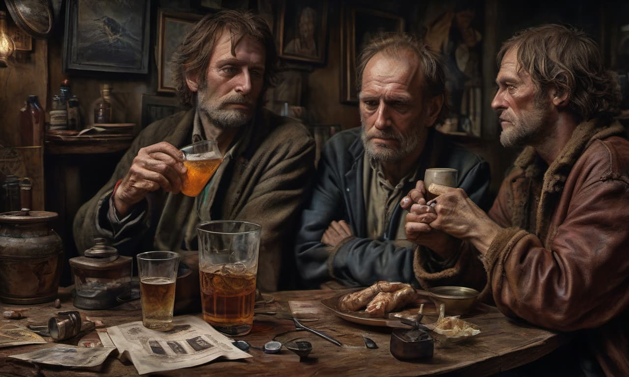  hyperrealistic art the den of an alcoholic and a marginalized person. . extremely high resolution details, photographic, realism pushed to extreme, fine texture, incredibly lifelike, perfect hands