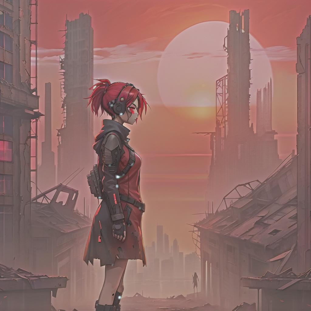  breathtaking high quality anime image, woman standing in a post apocalyptic landscape with ruined buildings, cyberpunk art, the red sunset . award winning, professional, highly detailed