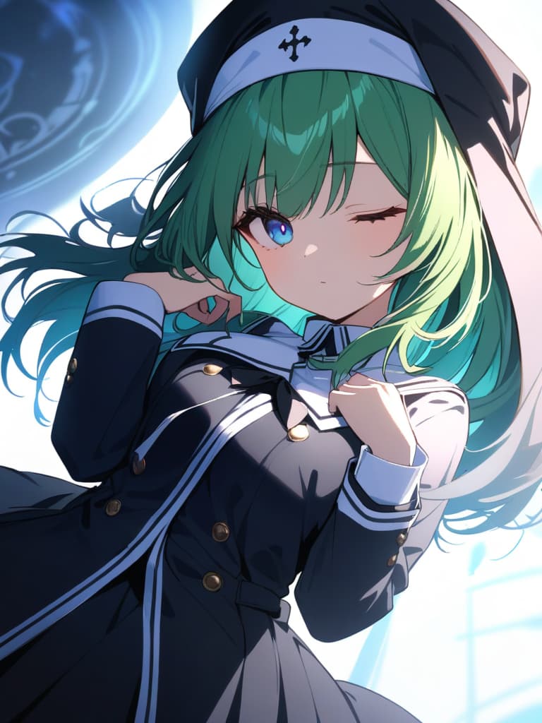  ((beautiful girl,green hair,blue eyes,one eye hidden,one eye hidden by bangs: 1.5,magic circle,magic effect,blue light,mysterious character,bob hair,))、ultra detailed,best shadow,cute and beautiful face,(masterpiece:1.2),(best quality:1.2),detailed background,high contrast,(best illumination,an extremely delicate and beautiful),((cinematic light)),hyper detail,dramatic light,intricate details,8k,anime,very aesthetic、((sister's uniform,nun))