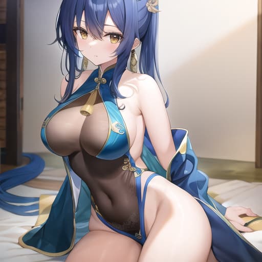  master piece , best quality,blue, long body,鋭い目紫瞳金髪 全裸微乳 狐耳 九尾