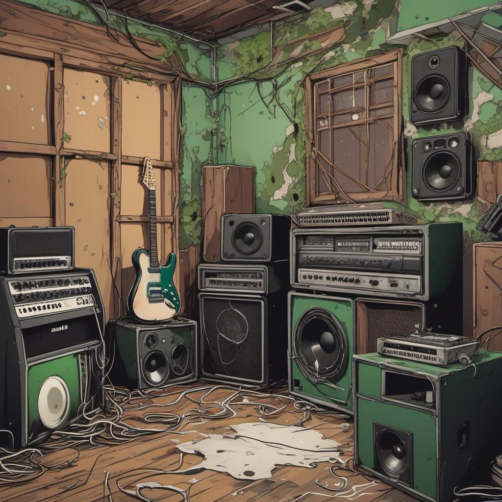  une chambre abandonnée en ruine avec une guitare électrique et un amplificateur de guitare vert , comic style, manga and manhwa style, painting style