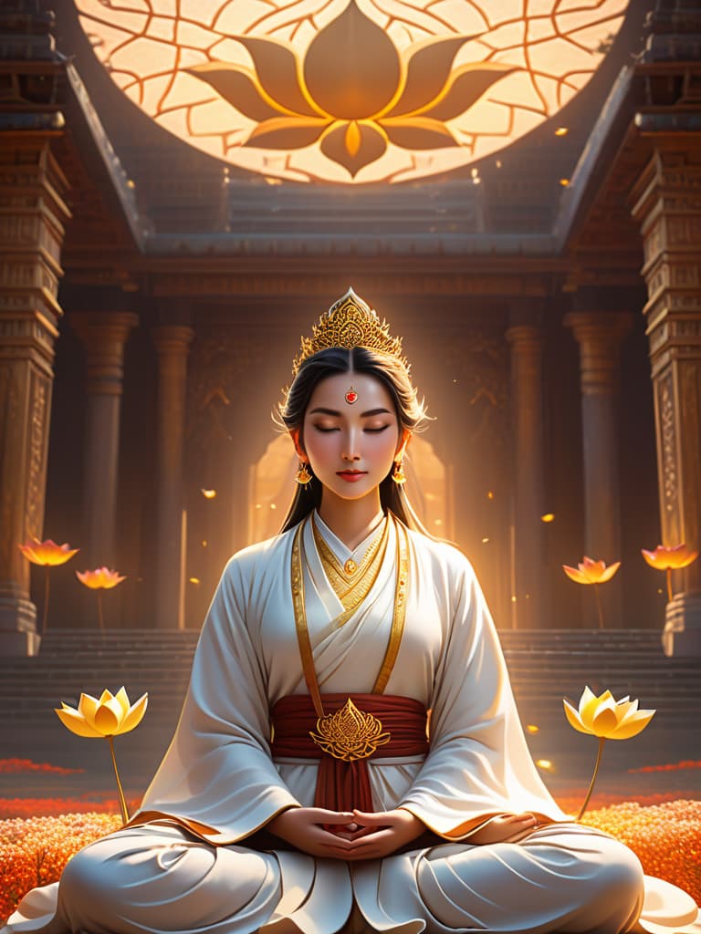  bodhisattva, celestial palace setting, ethereal atmosphere, divine glow, peaceful meditation, surrealistic art style, traditional attire, lotus flowers, serene expression, eastern mythology inspiration, heavenly background, golden light, detailed elements, art station influence, highly detailed, 4k resolution, mystical ambiance, ee 70mm lens, front view, hdr lighting