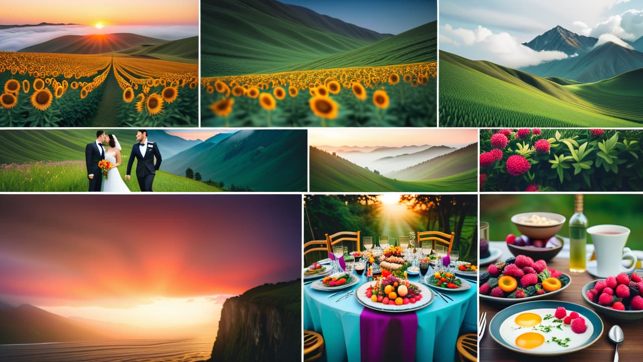  a vibrant collage showcasing diverse freelance photography styles: a wedding photographer capturing a joyful couple, a food stylist arranging a gourmet dish, a travel photographer with a breathtaking landscape, and a portrait artist in a studio. hyperrealistic, full body, detailed clothing, highly detailed, cinematic lighting, stunningly beautiful, intricate, sharp focus, f/1. 8, 85mm, (centered image composition), (professionally color graded), ((bright soft diffused light)), volumetric fog, trending on instagram, trending on tumblr, HDR 4K, 8K