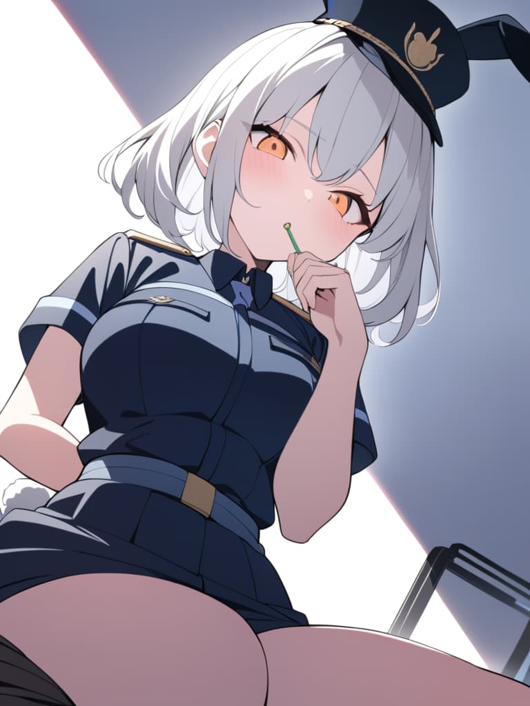  (police officer,policewoman,girl,beautiful girl,beautiful,police officer,blowing a whistle,short sleeves,police uniform,police hat,rabbit ears,white hair,orange eyes,bob hair,sharp face,cool,bright illustration,slightly seen from below: 1.5)、ultra detailed,best shadow,cute and beautiful face,(masterpiece:1.2),(best quality:1.2),detailed background,high contrast,(best illumination,an extremely delicate and beautiful),((cinematic light)),hyper detail,dramatic light,intricate details,8k,anime,very aesthetic、(rabbit ears,rabbit tail,rabbit police officer)