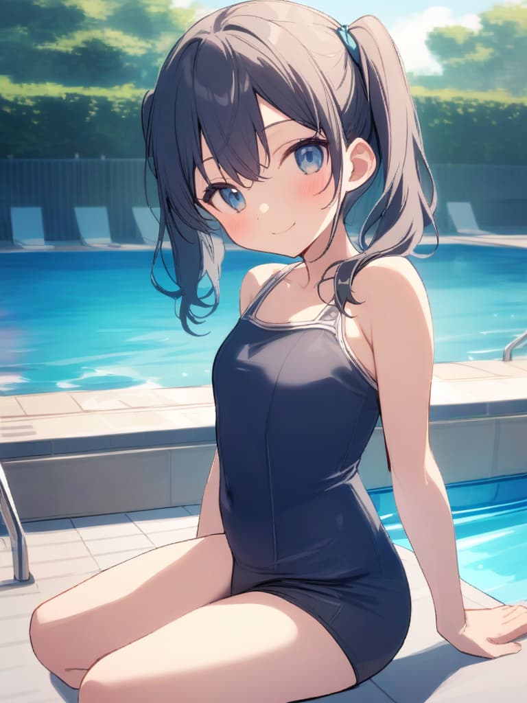  women's elementary student, dark blue swimwear, old swimwear, swimwear, , simple, male bulge, shaped clear , shaped clear, clear phimosis, shaped clear, front, cute smile, twin tails, pool, pool, pool, pool side,