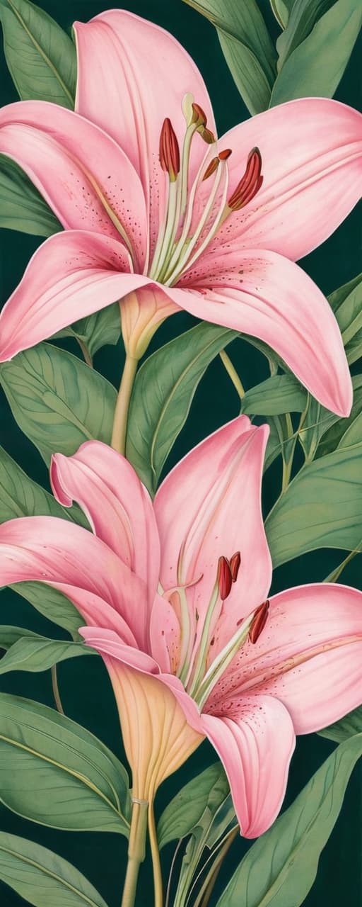  minimalism, the images features individual pink lilies and leaves, each illustrated with fine detail, highlighting their unique textures and curvature. the flowers and leaves vary. each plant carries its own distinct form, emphasizing their organic and fluid shapes., abstract, simple geometic shapes, hard edges, sleek contours, minimalism