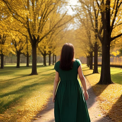  girl from the back in a long green dress, sunny autumn day