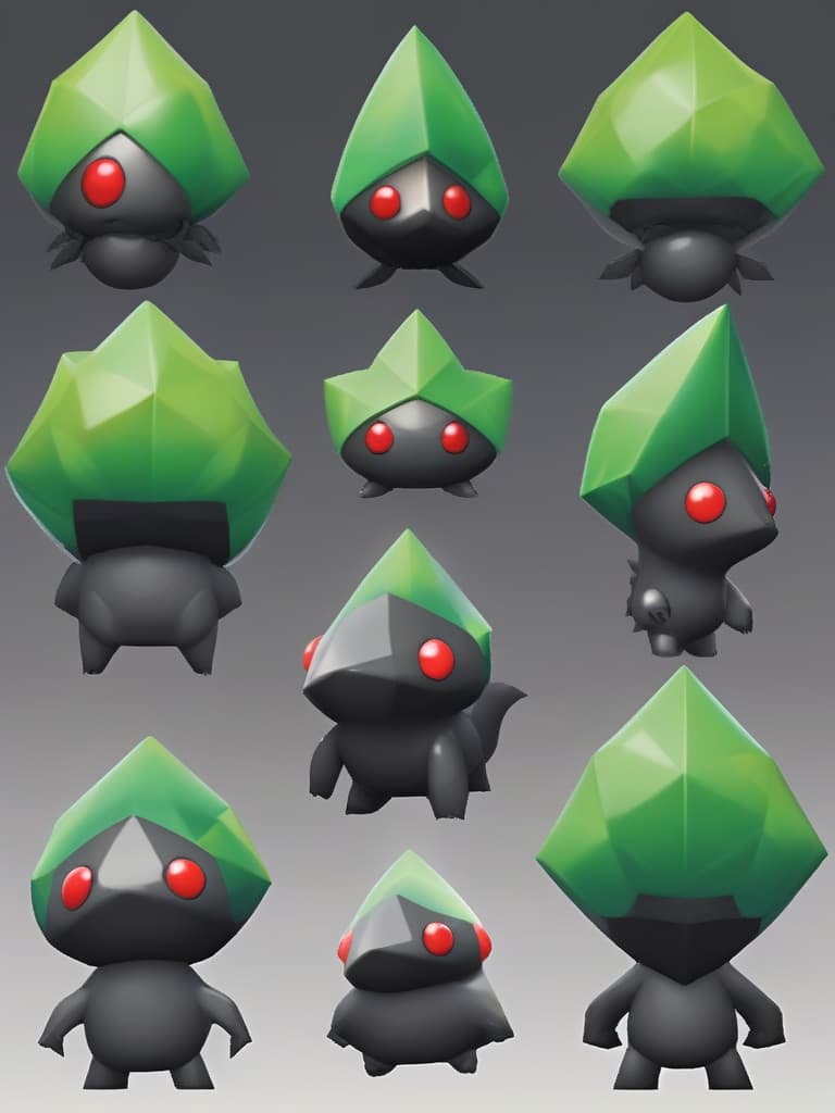  masterpiece,rock pikmin,((polyhedral in shape like a crystal)),(((glossy obsidian in color))),((( two leaves on top of the head))),two small round eyes,no mouth,small limbs,game character from the nintendo game,pikmin 4,