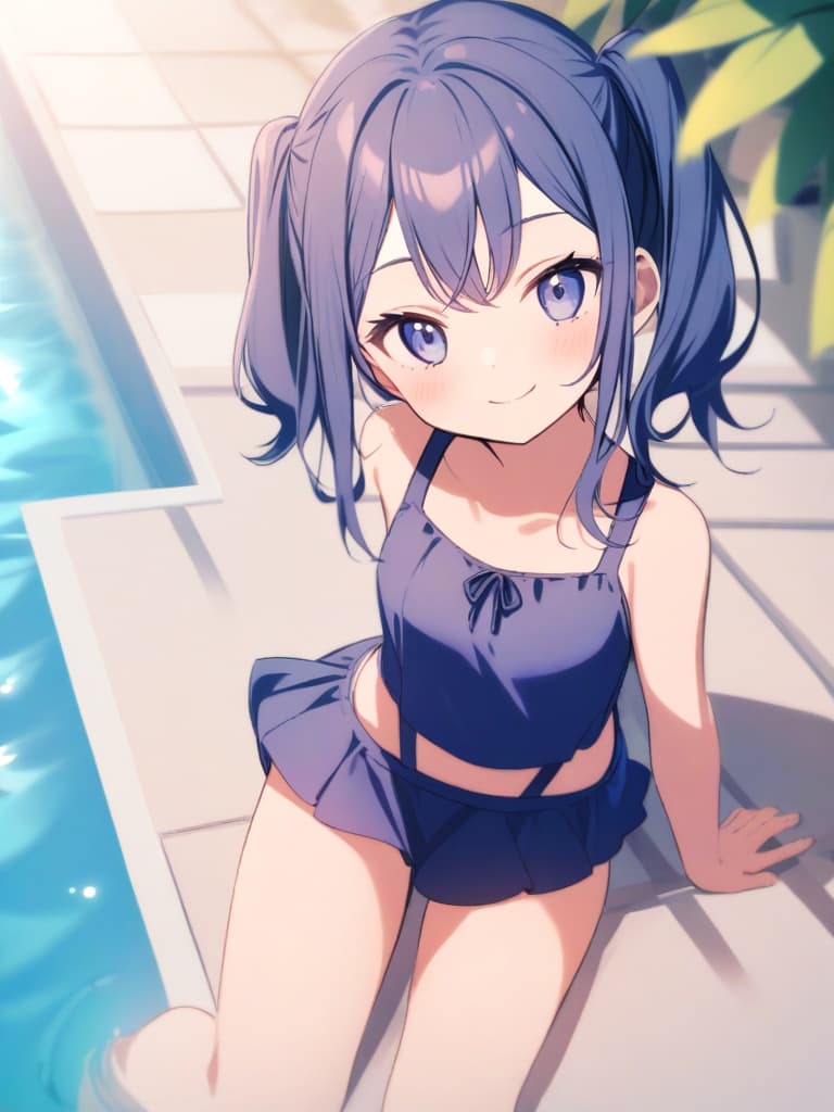  junior s, twin tails, cute smiles, navy blue, dark blue swimwear, dark blue , s' (clear ), whole body, pool side,