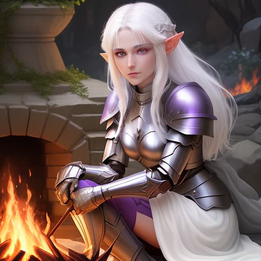  beautiful elf in armor, around fire, white hair, purple eyes