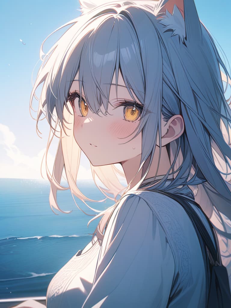  ☆, two sad girls, the eyes are light blue, cat ears, sea, hair are yellow, masterpiece, best quality,8k,ultra detailed,high resolution,an extremely delicate and beautiful,hyper detail