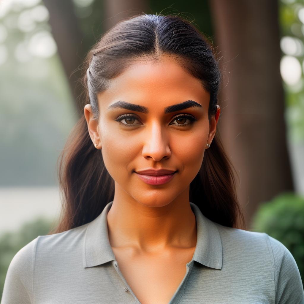  (((realistic full torso frontal head shot of a light brown to medium brown skin tone woman))), aanya vera sumanian, ((indian heritage)), immature face, hazel eye color, ((ponytail hair style)), (( hair color)), ((skinny body type)), medium size, athletic size, (immature narrow flat nose), (immature high cheekbones), (immature smooth jawline), (immature full lips), (immature medium forehead), (immature natural eyebrows), (immature pointed chin), standing straight looking directly into the camera,((wearing fitted polo shirt with deep v neck and monogrammed pocket)), backyard in background, 1, best quality, highest quality, award winning photo, masterpiece, raw, professional photography, photorealism, sharp focu hyperrealistic, full body, detailed clothing, highly detailed, cinematic lighting, stunningly beautiful, intricate, sharp focus, f/1. 8, 85mm, (centered image composition), (professionally color graded), ((bright soft diffused light)), volumetric fog, trending on instagram, trending on tumblr, HDR 4K, 8K