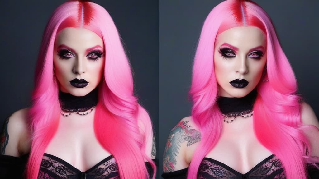  4 age women,full body shot ,full body portrait horrifying scary pale long pink hair ,full white eyes, black lips, black dripping eyeshadow tattoos,in pink cotton with pink trim