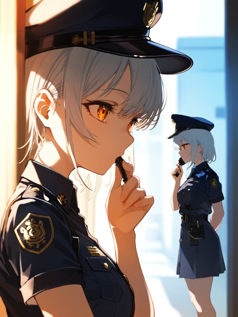  (police officer,policewoman,girl,beautiful girl,beautiful,police officer,blowing a whistle,short sleeves,police uniform,police hat,rabbit ears,white hair,orange eyes,bob hair,sharp face,cool,bright illustration,slightly seen from below: 1.5)、ultra detailed,best shadow,cute and beautiful face,(masterpiece:1.2),(best quality:1.2),detailed background,high contrast,(best illumination,an extremely delicate and beautiful),((cinematic light)),hyper detail,dramatic light,intricate details,8k,anime,very aesthetic