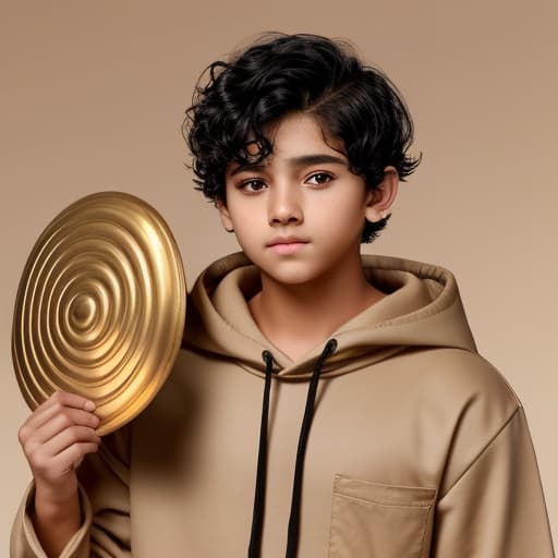  cute short boy modern very short curly black hair tanned skin shy face holding a big gold sheild somehow round face beige closed hoddie hands in his pocket short neck