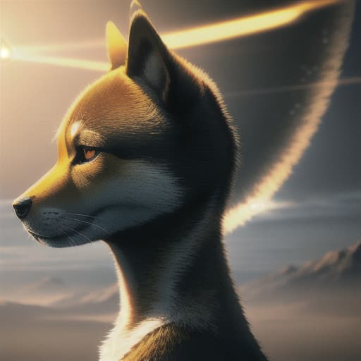  shiba extraterrestrial being with intricate biological features and ethereal beauty, portrayed in a cinematic style with dramatic lighting and atmospheric effects, set against the backdrop of an alien landscape shrouded in mystery and wonder, 3D rendering, using Blender with realistic textures and lighting effects