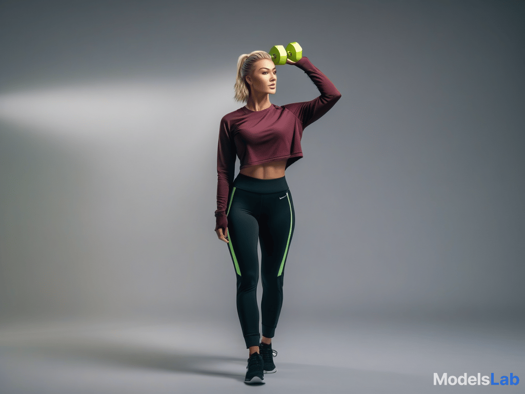  blond girl, short hair parted on one side, wearing black sweat pants, wearing black sneakers, wearing light bordeaux long sleeve top, plain wall background, visibly holding neon green dumbbells in each hand hyperrealistic, full body, detailed clothing, highly detailed, cinematic lighting, stunningly beautiful, intricate, sharp focus, f/1. 8, 85mm, (centered image composition), (professionally color graded), ((bright soft diffused light)), volumetric fog, trending on instagram, trending on tumblr, HDR 4K, 8K